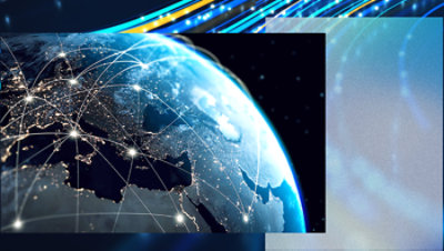 Digital illustration of Earth from space with glowing network connections across continents, overlaid with abstract blue technology graphics.