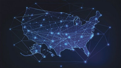 Map of the United States with connected points of light superimposed.