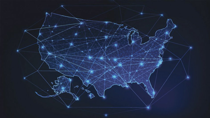 Map of the United States with connected points of light superimposed.