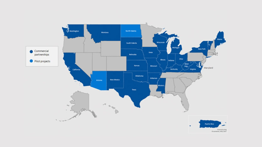 U.S. map highlighting states with partnerships and pilot projects.