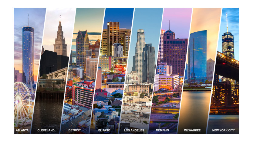 Montage of city skylines in the United States.
