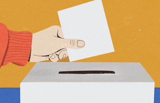 Illustration of a hand placing a piece of paper into a ballot box.