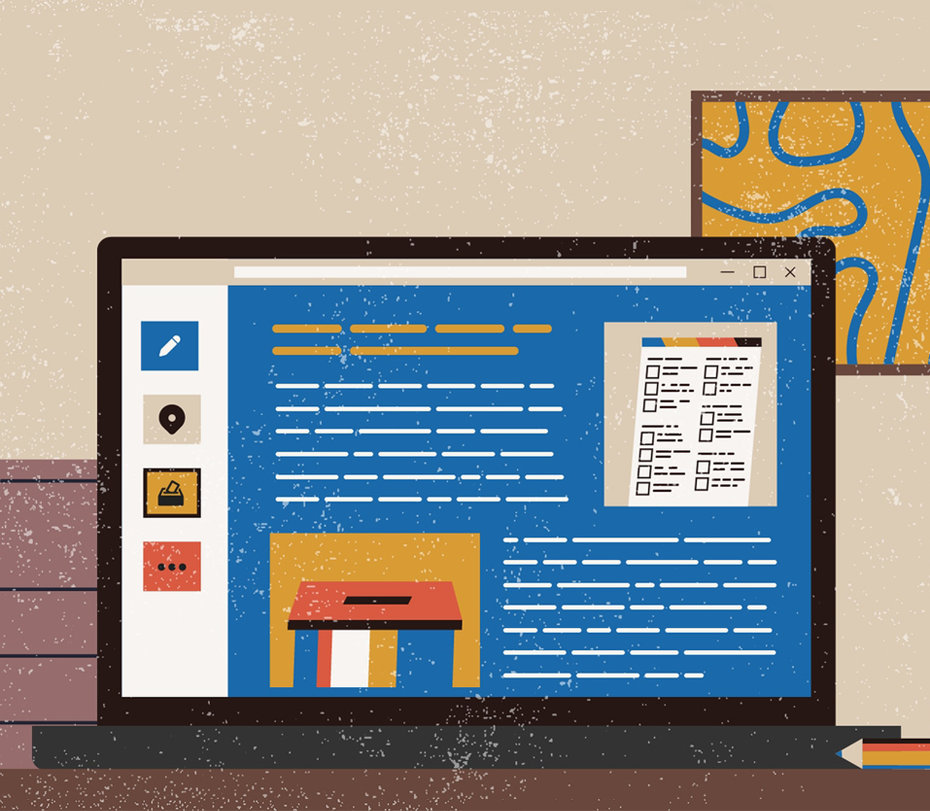 Illustration of a laptop on a desk and a map on the wall as someone researches voting information.