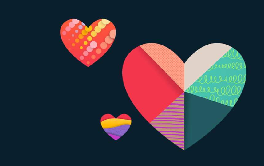 Colorful stylized hearts on a dark blue background. 