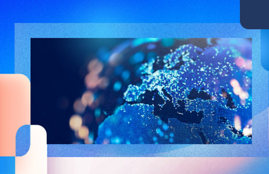A digital photo collage featuring a stylized, illuminated view of Earth at night, with bright data‑like points highlighting regions, framed by abstract geometric shapes in blue, pink, and navy tones.