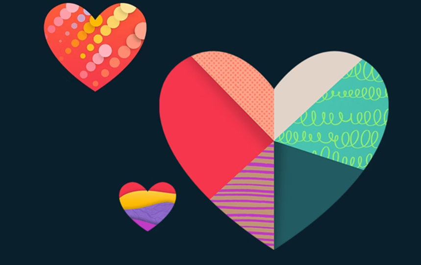 Colorful patterned hearts on a dark background.