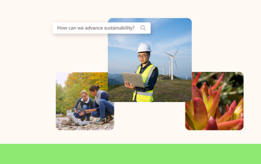 A collage featuring two female researchers reviewing water samples, a man reviewing data by a wind farm, and a vibrant red and yellow flower accompanied by a search box with the question – How can we advance sustainability? 