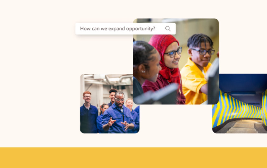 A collage featuring a man teaching some industrial workers, three students sitting in front of a computer, and an empty hallway with forward-pointing arrows on the walls accompanied by a search box with the question - How can we expand opportunity? 