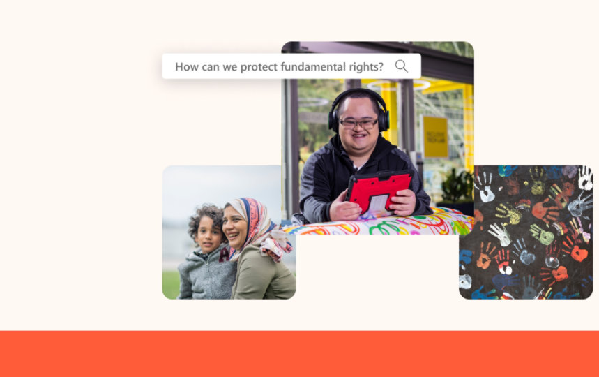 A collage featuring a smiling mother and child, a man wearing headphones while holding a tablet, and multi-colored handprints on pavement accompanied by a search box with the question – How can we protect fundamental rights?