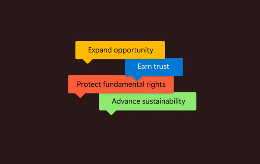 Four statements stacked on top of each other reading, from top to bottom: Expand opportunity, Earn trust, Protect fundamental rights, and Advance sustainability. 