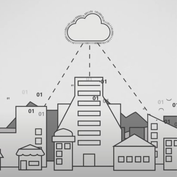 Line drawing of a neighborhood connected to a cloud with lines.