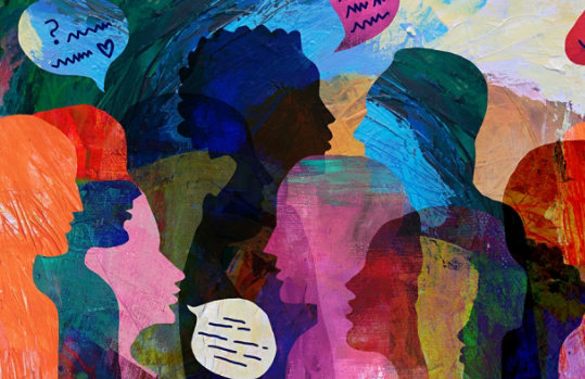 Layered colorful silhouettes and speech bubbles in a textured painted collage.