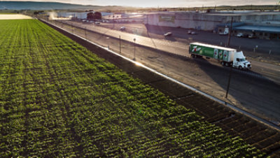 Verdant agricultural fields line the side of a major highway.