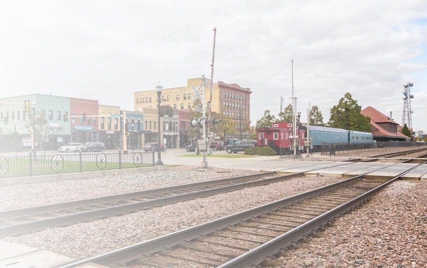 The intersection of Fargo's Broadway Drive and Main Ave., as seen from across the train tracks.