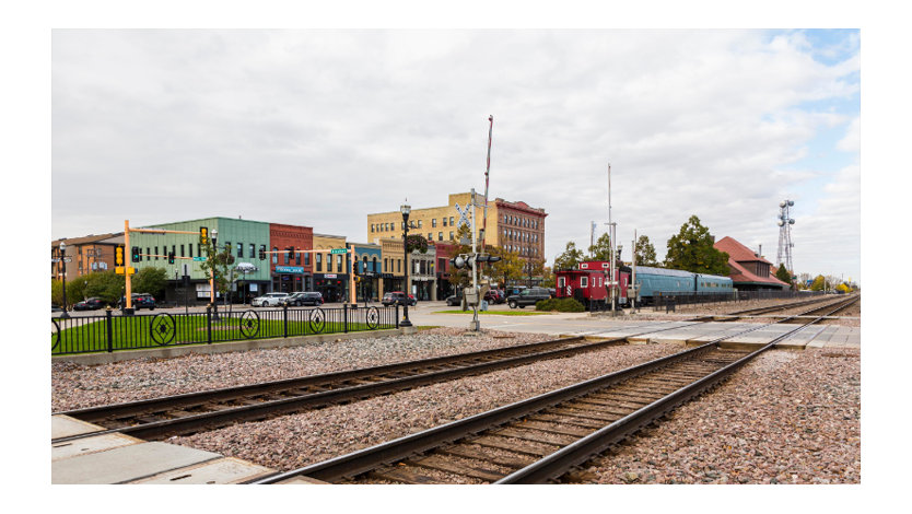 View of train tracks in front of downtown Fargo, North Dakota