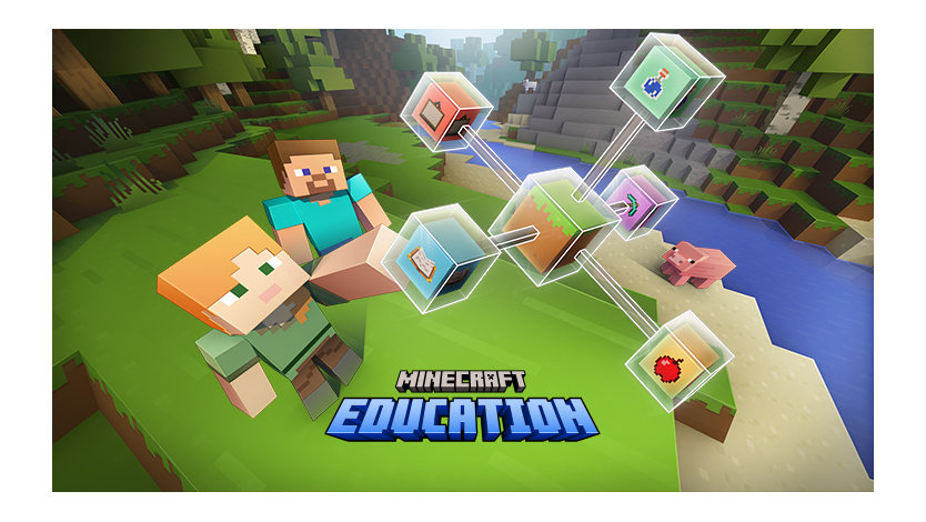 MINECRAFT, EDUCATION EDITION Player Green and Player Blue holding up connected education blocks