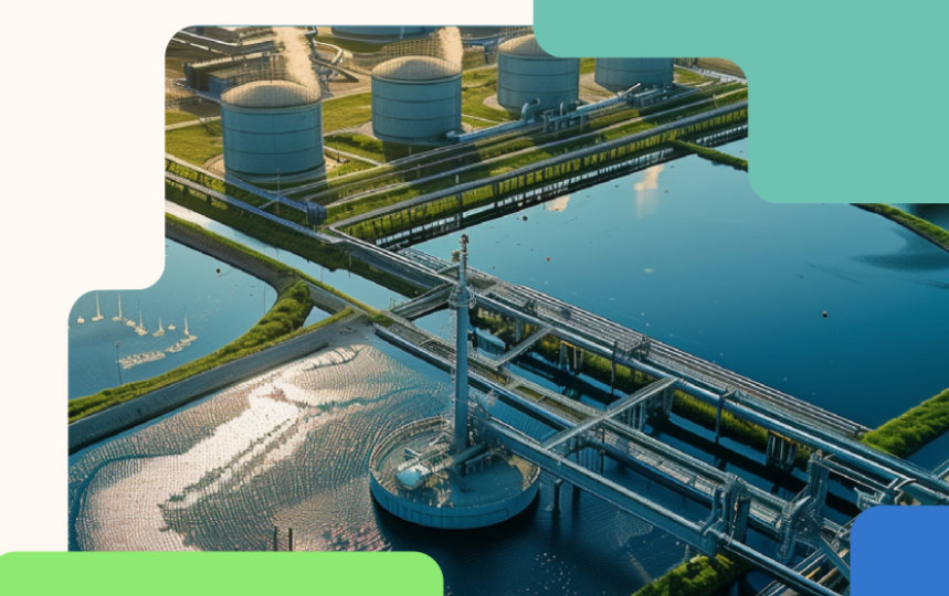 Aerial view of a modern water treatment facility surrounded by green grass.