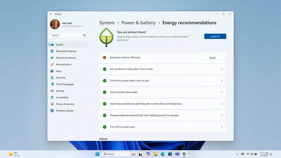 Windows 11 screen showing for Windows 10 end of service Energy Settings.