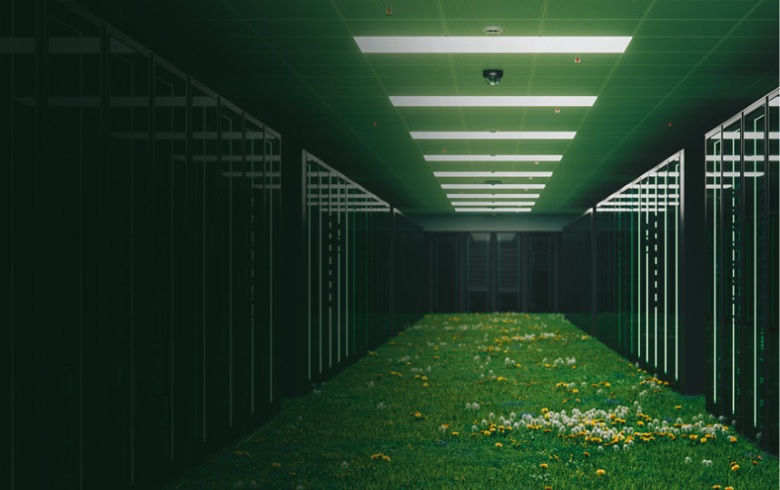 A creative image showing a datacenter with grass and flowers.