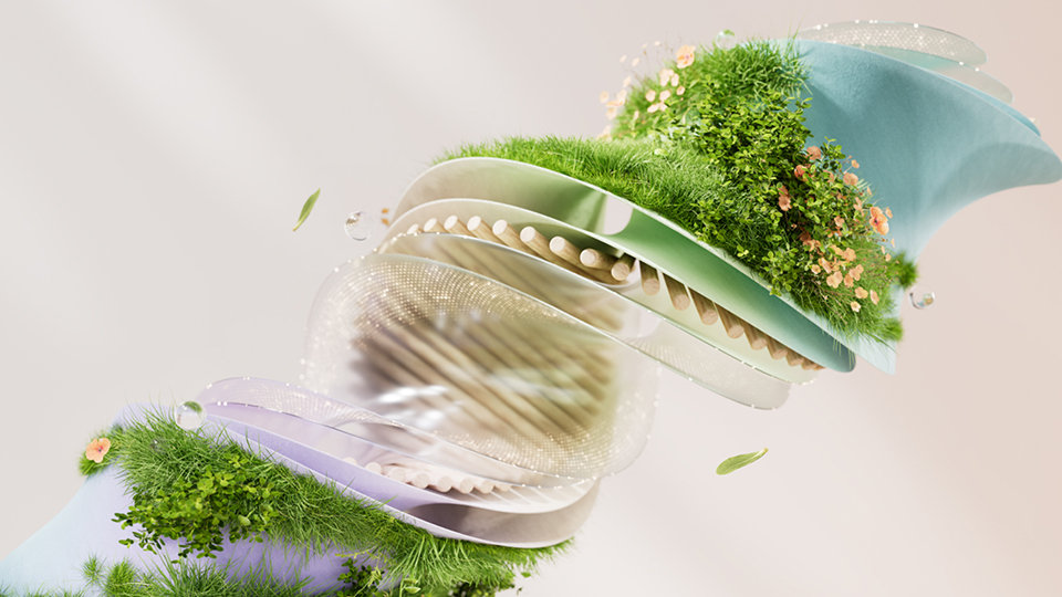 Abstract helix-like sculpture combining soft layers with grass and flowers.