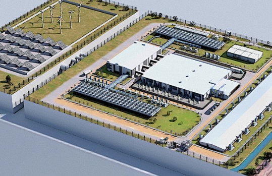 Isometric 3D layout of a clean‑energy industrial site with wind turbines and solar panels.