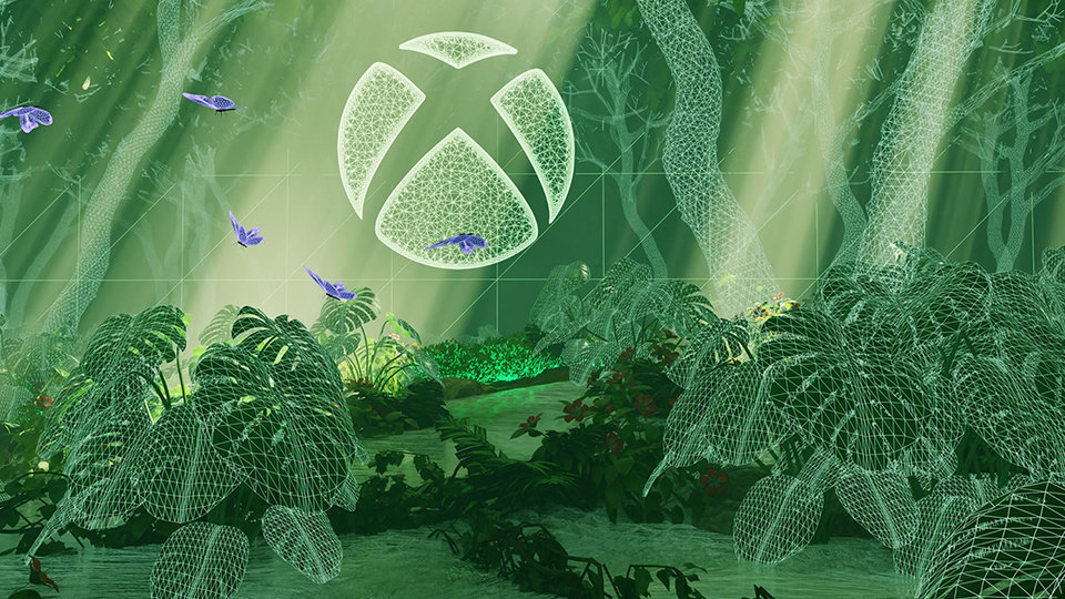 Stylized green forest scene featuring the Xbox logo and wireframe plants and butterflies.