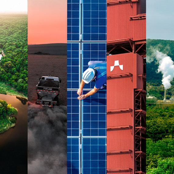 A composite of 5 vertical images including a worker inspecting solar panels, a vehicle driving on a dusty field, a river in the Amazon, an industrial structure in Sweden, and a geothermal plant in Kenya.