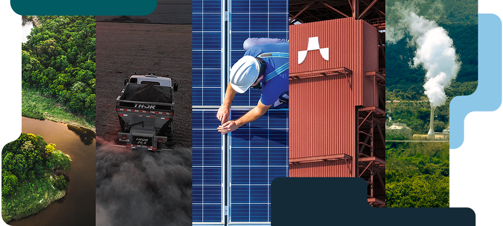 A composite of 5 vertical images including a river in the Amazon, a vehicle driving on a dusty field, working inspecting solar panels, an industrial structure in Sweden, and a geothermal plant in Kenya.