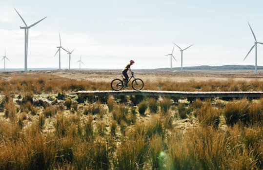 A woman riding a mountain bike in over a wooden track surrounded by wild grass at a wind farm in Scotland.
