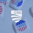 CSG logo surrounded by scattered "I Voted" stickers.