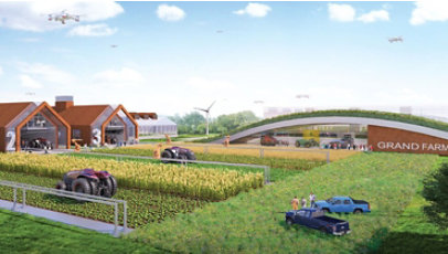 An illustration of a farm with several barns, vehicles, and fields.