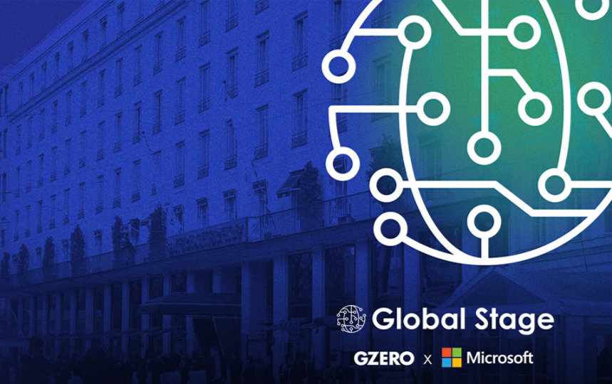 A blue cityscape background with a tech-inspired globe design.