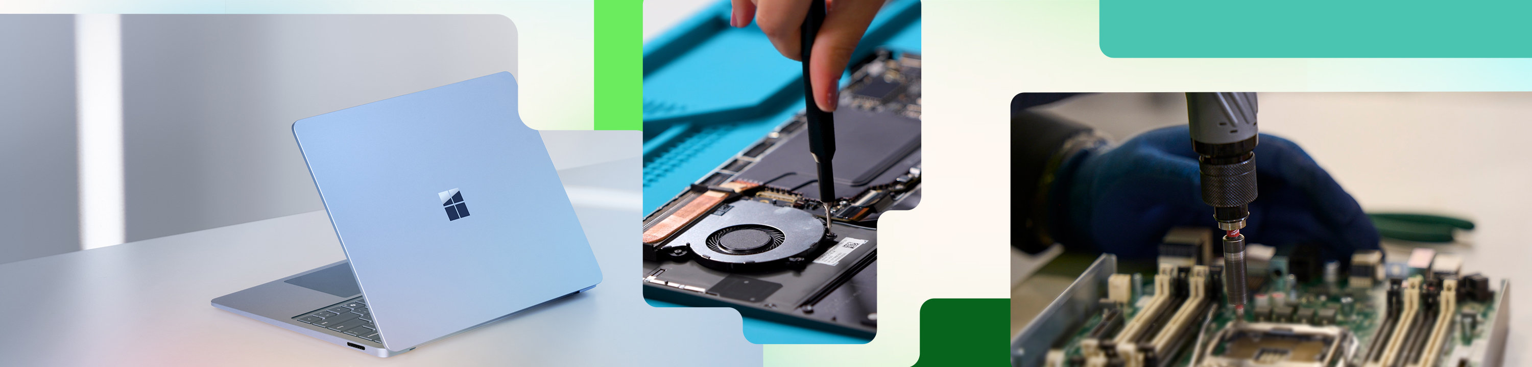 Collage features a Surface device; a person repairing a Surface device, and a server being disassembled.