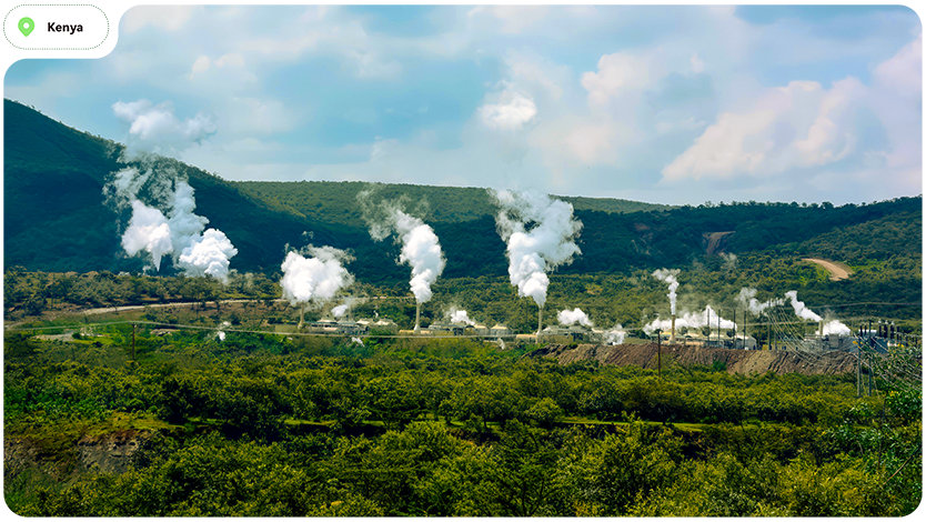 Geothermal plant with steam plumes in Kenya.