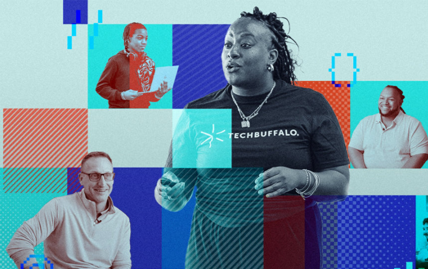 A collage of people at a tech event, with a central speaker and colorful geometric blocks.