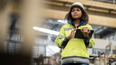 Woman wearing protective workwear using a tablet.