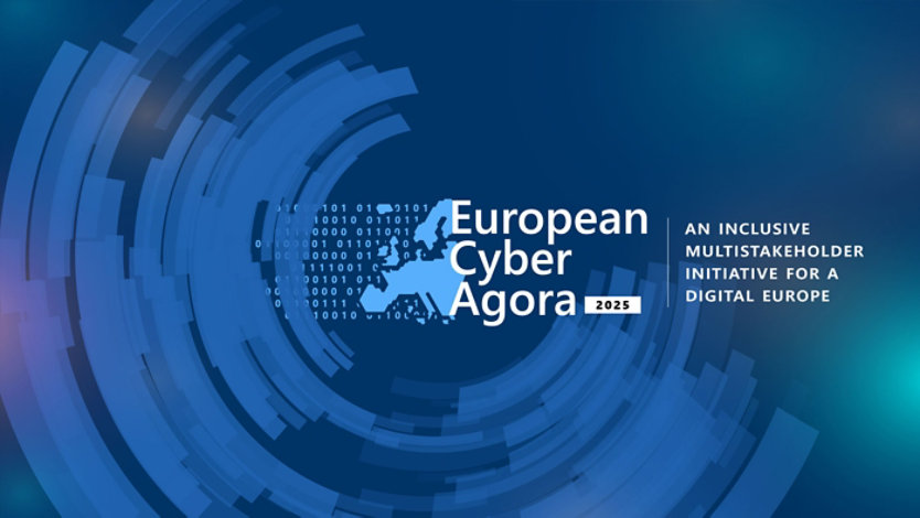 Visual identity for the European Cyber Agora 2025 with digital and binary code elements.