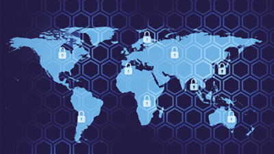 World map with a hexagonal overlay and padlock icons across continents, symbolizing global data security; dark blue background with light blue continents.