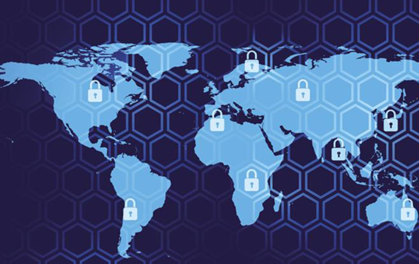 World map with a hexagonal overlay and padlock icons across continents, symbolizing global data security; dark blue background with light blue continents.