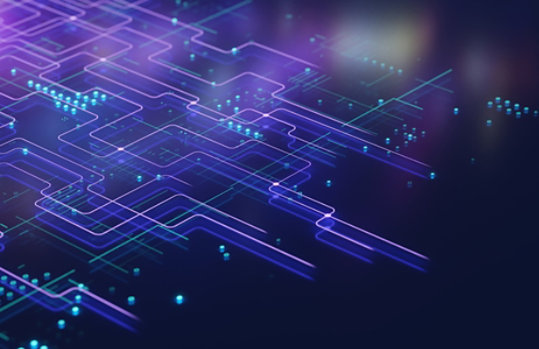 Image of purple lines intersecting with blue lines, overlaid with blue dots to represent an interconnected grid network.