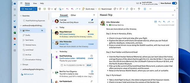 A screen showing an inbox in the new Outlook for Windows app