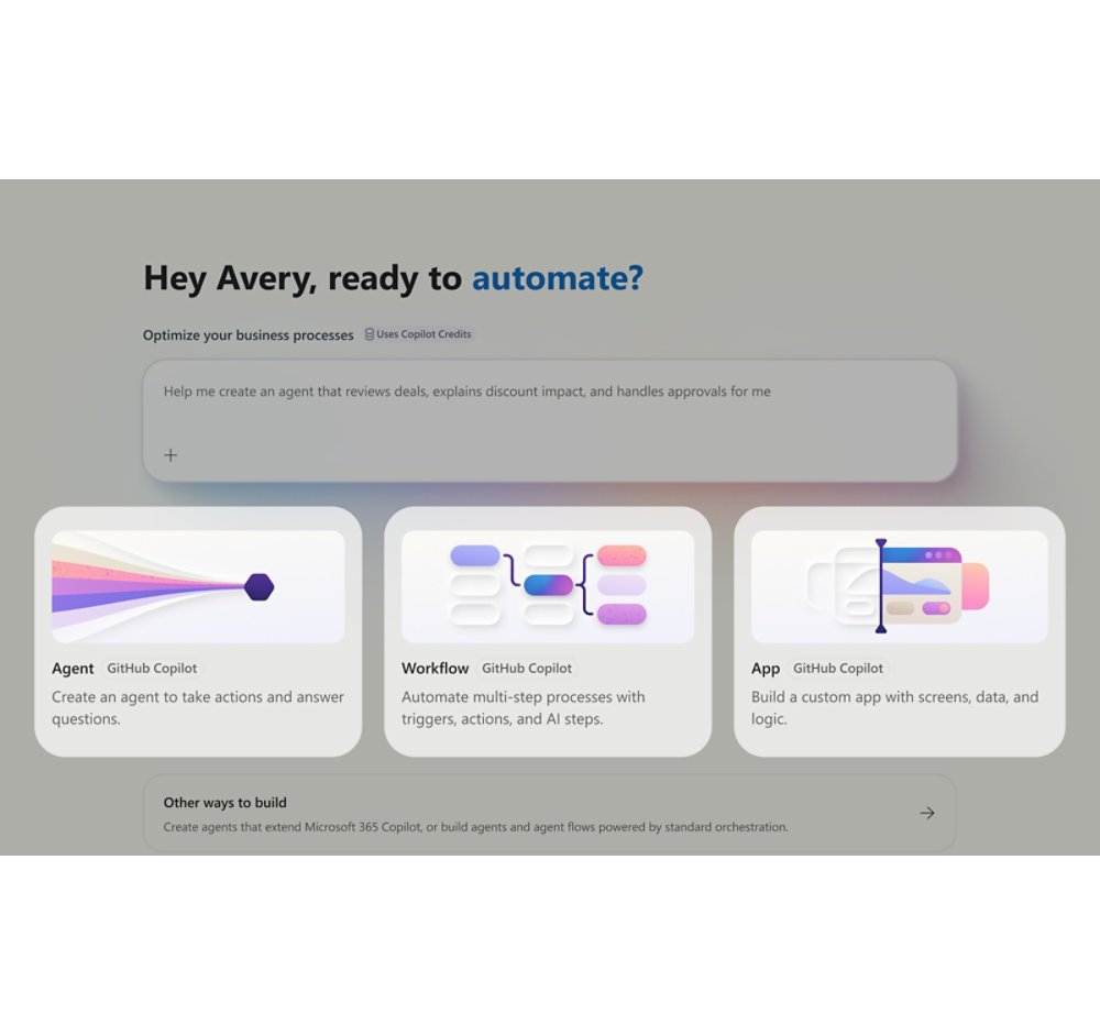 Microsoft Copilot Studio preview showing options to create agents and workflows