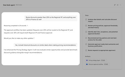 A screenshot displaying Deal desk agent updating discount approval rules and pricing recommendations, with completed workflow steps shown