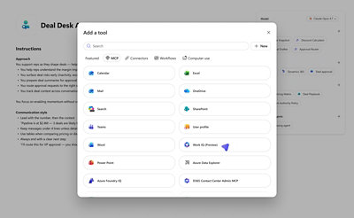 A screenshot displaying Deal Desk Agent MCP tools and integrations