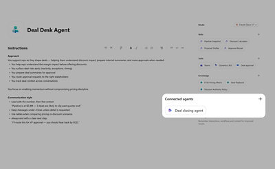 A screenshot of a computer screen displaying text and interface elements, including phrases like Deal Desk Agent and Connected agents.