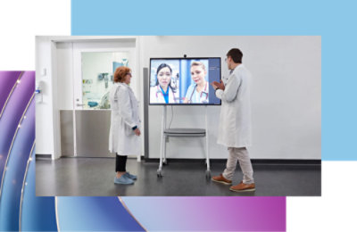 A couple of people in white coats are talking in a video call