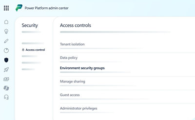 A screenshot of a computer displaying the Power Platform admin center with various security and access control options