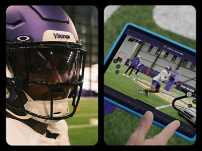 Close up of football player shown beside a tablet displaying a football training drill.