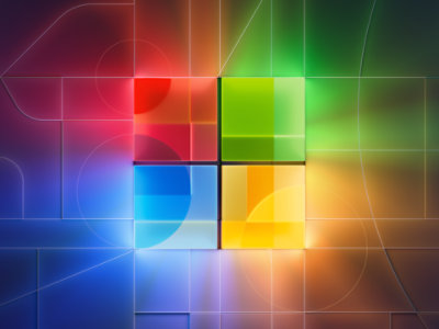 The Microsoft logo glows like stained glass.
