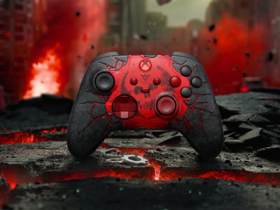 A red-and-black XBOX controller amid a dramatic, post-apocalyptic, urban battlefield gaming scene.